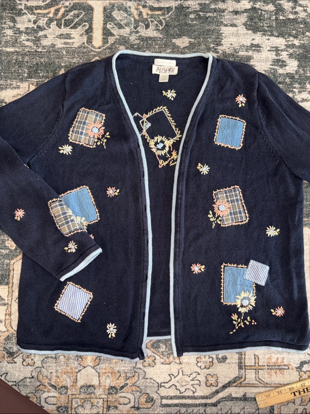 Vintage Navy Hand Embroidered Patchwork Open-Front Sweater